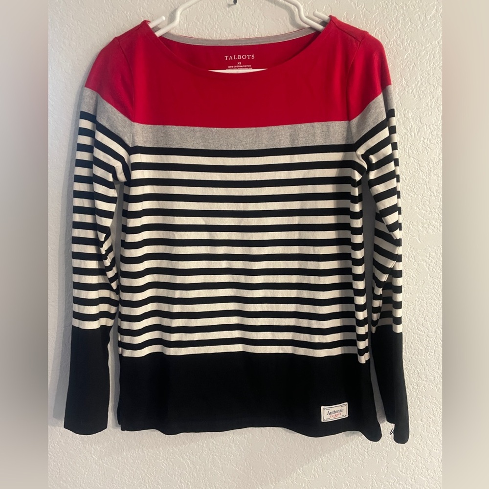 Talbots  black, red and white striped long sleeve top size XS